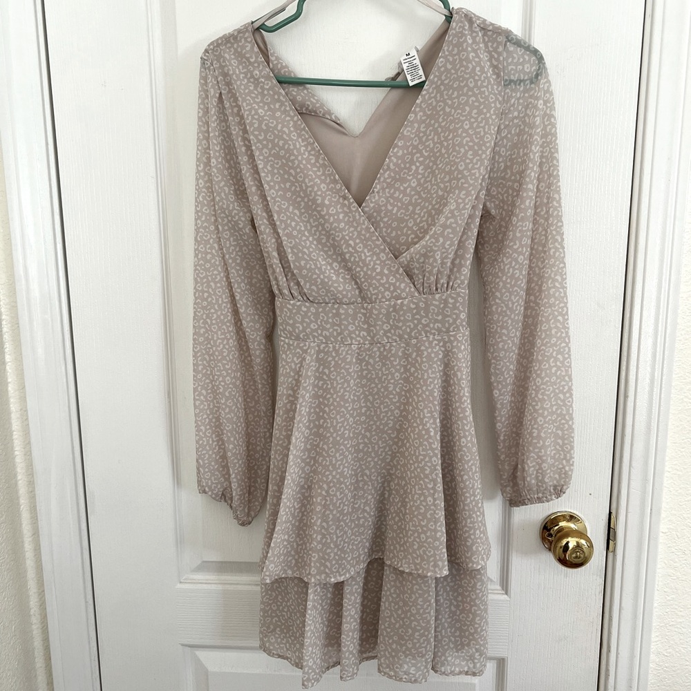 Light Taupe Long-Sleeve Wrap Dress